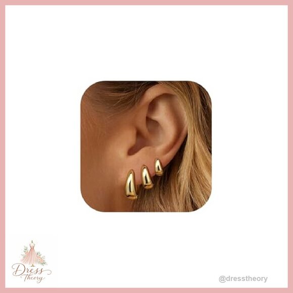 14K Gold Plated Hoop Earrings Set 10mm 14mm 17mm Hypoallergenic - Picture 2 of 8